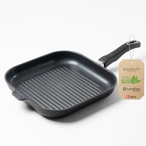 Squality Premium Grillpfanne Induktion 28x28 cm – PFAS freie Antihaft Pfanne aus Dänemark | Ofenfest bis 260 °C, induktionsgeeignet, ergonomisch, für gesundes Kochen ohne Schadstoffe | Grill Pan