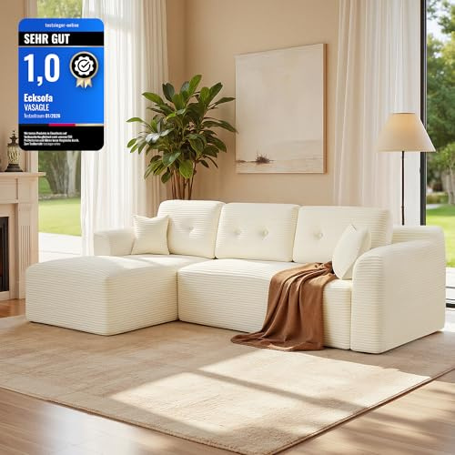 VASAGLE Divano Angolare, Divano Modulabile 244 cm, Consegnato Compresso in Collo, Senza Montaggio, con Ampia Chaise Longue a Sinistra, per Soggiorno, Camera degli Ospiti, Bianco Crema LCS183WD01