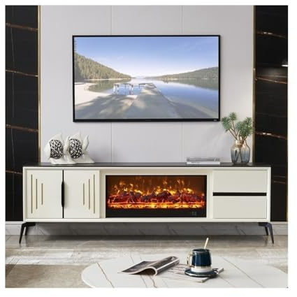 Zhaoj24-05 Decorative Fireplaces Modern TV Stand with Realistic Flame Fireplace Insert, TV Media Console with Storage Cabinet and Drawers, White