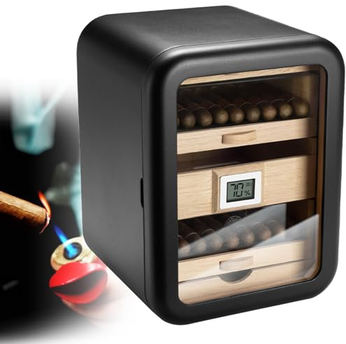 New Electric Cigar Humidor Cabinet Desktop with Spanish Cedar Wood Shelves, Hygrometer,Humidifiers and Cigar Accessories Drawer,Father's Day Gift for Men(Black,WithoutSkylight)