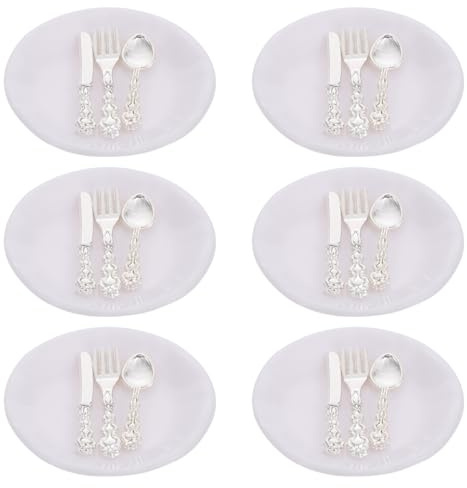 Mikinona 6 Juegos de Cubiertos en Miniatura para Casas de Muñecas, Kit de Vajilla Decorativa Plato, Tenedor y Cuchara, Accesorios para Bricolaje y Decoración de Miniescena