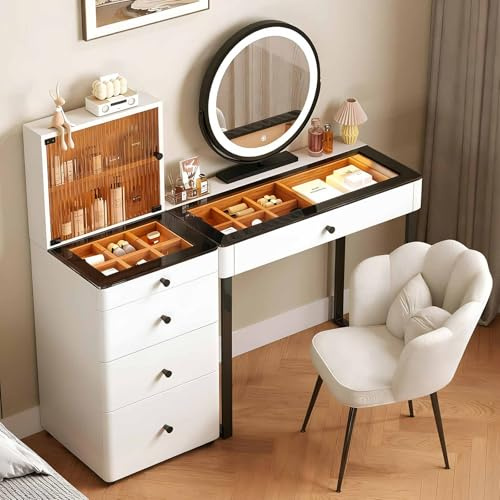 HSSTYLE Modern Dressing Table with Mirror and Lights, Vanity Table with Tempered Glass Display Top, Reversible 4-Drawer Cabinet, Stool, Pre-Assembled Makeup Vanity for Small Bedroom