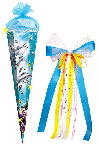 alles-meine.de GmbH 3-D Paillettenborte + Glitzer Effekt ! Schultüte - Delfin - Fische & Unterwasser - 85 cm - eckig - incl. große 3-D Effekt Schleife - Organza Abschluß ..