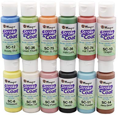 Creative Hobbies Mayco Stroke and Coat Glaze for Ceramics Kit 1 | 12 Assorted 2 oz Jars with How to Paint Pottery Book