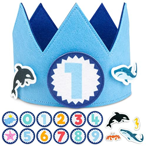 BONNYCO Sea Animals Birthday Crown with Interchangeable Numbers from 0 to 9 & Themed Figures. 1st Birthday Gifts for Kids, Hats for Kids. Under the Sea Party Decorations, 1st Baby Crown Carnival