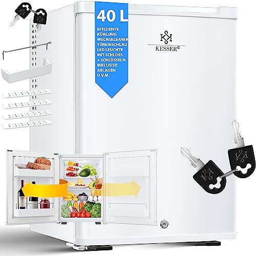 KESSER® Mini Kühlschrank 40L abschließbar Minibar ideal für Camping, Büro, Schlafzimmer, Hotel, Küche kleiner Kühlschrank komplett lautlos, wechselbarer Türanschlag, Innenbeleuchtung inkl. Glasöffner