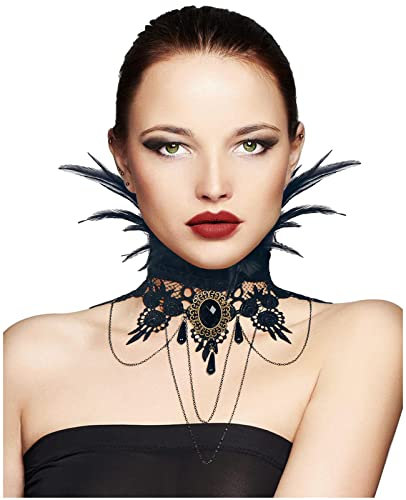 keland Romantic Goth Feder Spitze Kropfbänder Kragen Halskette Halsband mit Kette Quaste Steam Punk Zubehör Frauen (B-Schwarz)