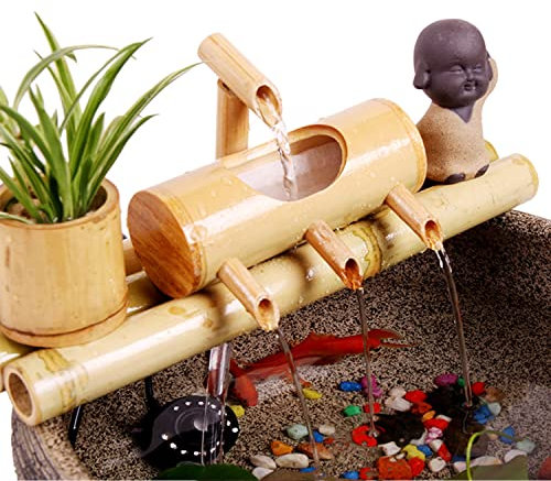 SUN RDPP Fontaine en Bambou avec Figure Zen, Fontaine d'aménagement de Jardin Intérieur/Extérieur avec Pompe, pour Piscines et Décorations de Jardin,25cm
