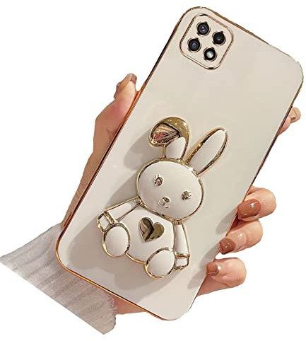 Tivenfezk pour Samsung Galaxy A12 5G Lapin Invisible Béquille Coque,Ultra Mince Placage Cœur Bunny Pliant Supporter Antichocs Silicone Flexible Coque Housse Étui de Potection