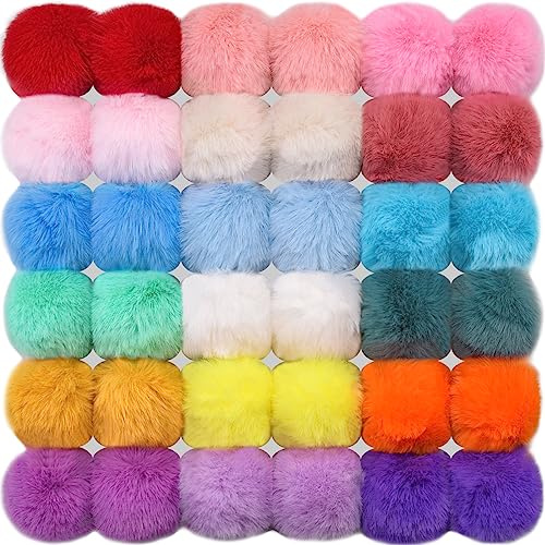 BQTQ 36 Pieces Faux Rabbit Fur Pom Pom Balls with Elastic Loop DIY Fluffy Pom Pom for Hats Beanie Shoes Scarves Gloves Bags Accessories(18 Brilliant Colours, 2 Pcs Per Colour)