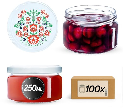KADAX 100 tarros de 250 ml, tarros de mermelada con tapa Twist-Off fi82, vasos de postre, herméticos y aptos para lavavajillas, vidrio de pared gruesa, selección de tapas de rosca (Folklore)