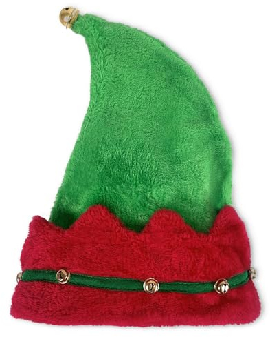 TIENDA EURASIA - Gorro de Elfo, con Cascabeles Color Dorado, 41 cm de largo x 25 cm de Diámetro, Terciopelo Verde y Rojo, Sombrero de Elfo de Navidad