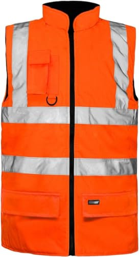Voice7 Hi Vis Viz Bodywarmer Fleece Lined Reversible Gilet High Visibility Waterproof Reflective Security Safety Workwear Waistcoat Sleeveless Vest Jacket (UK, Alpha, M, Regular, Regular, Orange)