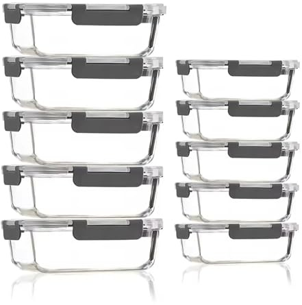 Eidoct Glass Containers with Lids, 10 Pack Airtight Glass Meal Prep Containers, Food Storage Containers, Reusable, Stackable, Microwave, Oven, Freezer and Dishwasher, 1050ml & 370ml (Gray)