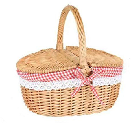 Picknickkorb aus Weidengeflecht Im Landhausstil,Roter Kariert Weidenkorb,26X18X15 cm,Ovaler Picknickkorb Kinder mit Deckel und Einlagen,Weidenkorb Mit für Picknicks Partys