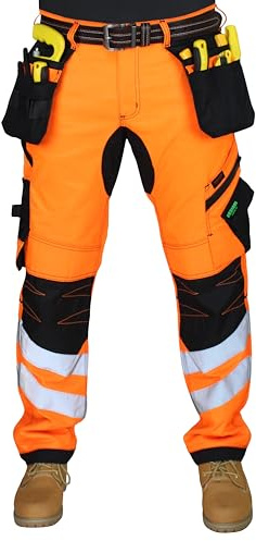 HASHOOB TRADING FZE Men’s Hi Vis Work Trousers Multi Pocket with Hi viz Tape Cargo Trousers Workwear Pants (10-OR1, 36W X 30L) Orange