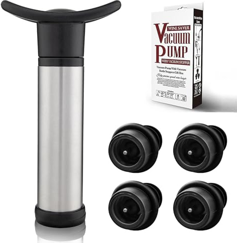 Wine Saver Vacuum Pump with 4 Wine Stoppers, Wine Bottle Stoppers with Food Grade Silicone Leak proof Keep Fresh Suitable for All Standard Wine Bottles