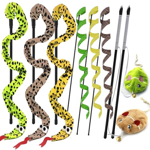 URMYONLY Interactive Cat Toy Wand with Catnip Mouse, Cat Teaser Wand Rainbow String for Bored Indoor Adult Cats and Kittens (8 Pack)