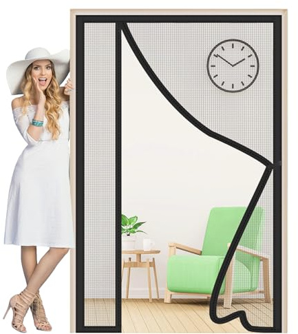 Side Opening Magnetic Fly Screens Door 140x220cm French Insect Door Net Fly Screen Curtain Mesh Magnets Self Sealing Hands Free Open for Balcony Sliding Doors Living Room Black