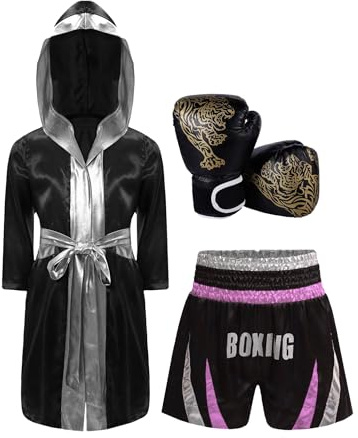 Oyolan Kids Boys Boxer Cosplay Costume Satin Hooded Boxing Robes with Boxer Shorts Gloves Set Tracksuit Pink&Silver 15-16 Years