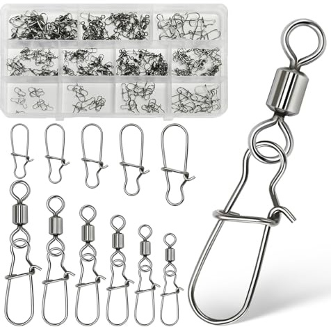 Siyrdxcbt 170 Pezzi Giunti Moschettoni Pesca Marina in Acciaio 6 Dimensioni Girelle da Pesca 5 Dimensioni Mare Acqua Dolce Line da Amo Kit Connettori per Ganci da Snap con Il Design di Sblocco Rapido