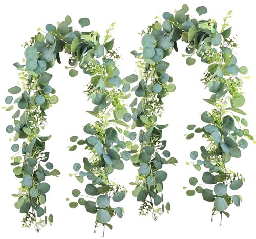 2 PCS Artificial Eucalyptus Garland, Leaf Garland, Fake Foliage for Wedding Arch Backdrop Home Table Indoor Outdoor Arch Wall Decor