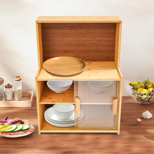 Armario de cocina con puertas correderas, armario de almacenamiento de cocina, armario de almacenamiento de bambú, panel de juntas de altura ajustable, carga pesada, para cocina, despensa, salón, 45 x