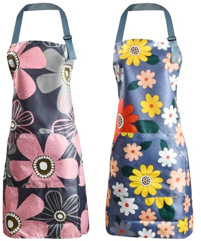 Alyxen Set de 2 Delantales Impermeables de Cocina con Bolsillos, Chef Delantales, Lavables a Máquina Perfecto para Cocina, Barista, Jardinería, Chef