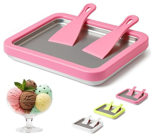 2026 New Rolled Ice Cream Maker, Instant Freeze Plate with 2 Scrapers, DIY Homemade Ice Cream Tray, Yogurt, Sorbet, Food-Grade Stainless Steel, Fun Family Activity (Pink)