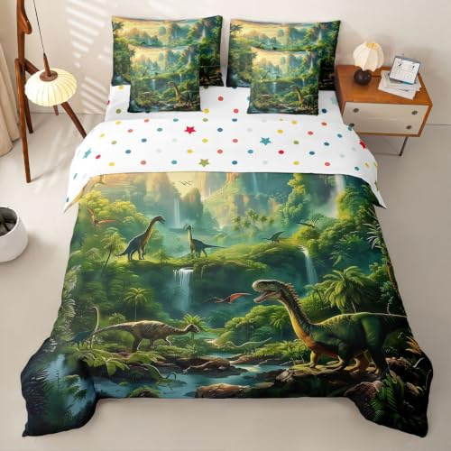 Loussiesd Söt dinosaurie kung påslakan med lakan 3D digital dinosaurie 7 delar bäddset vilda djur komplett bäddset djungel dino växt rum dekor mjuk lätt mikrofiber