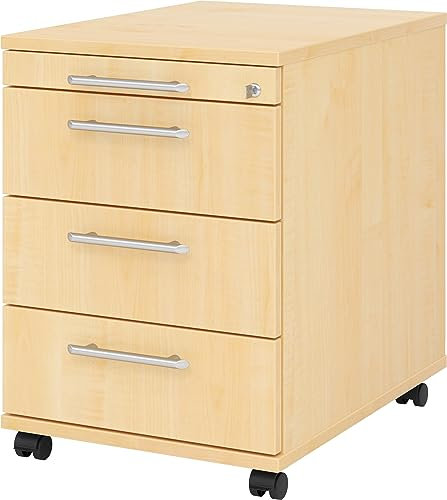 bümö Rollcontainer mit Schubladen, Container abschließbar aus Holz in Ahorn - Rollwagen für's Büro als Schreibtisch Unterschrank, Bürocontainer od. Schreibtischcontainer mit Relinggriffe
