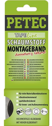 PETEC Schaumstoffband schwarz Montageband doppelseitig Doppelseitiges Klebeband 2m Schaumstoff selbstklebend Klebestreifen Wand Doppelklebeband 87122