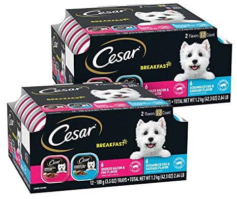 Cesar Classic Loaf in Sauce Wet Dog Food Breakfast Lovers, Smoked Bacon & Egg Flavor, and Scrambled Egg & Sausage Flavor, 3.5 oz. Easy Peel Trays, Wet Dog Food Variety Pack (12 Count, Pack of 2)