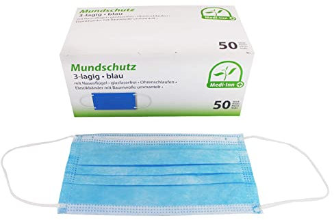 Medi-Inn+ Mundschutz Atemschutz Gesichtsmaske Einwegmaske mit Elastikbändern Typ II 3-lagig blau (50 Stück)