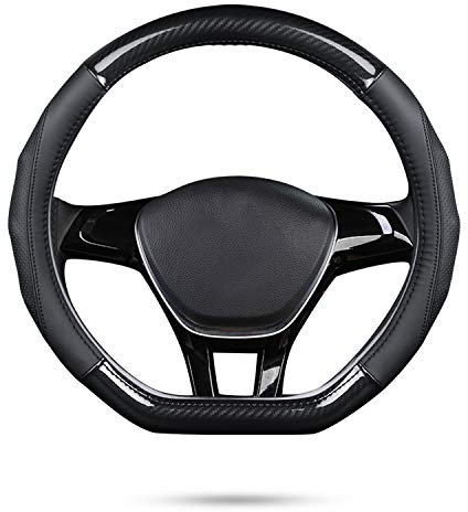 Ergocar Auto Lenkradbezug Rutschfester Auto Lenkradschutz D-Form Kohlefaser & Erste Schicht Rindsleder für Durchmesser 38cm (15 ) (D-Schwarz)