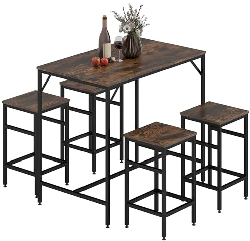 HOMCOM Set Tavolo Moderno da Cucina, Tavolo Alto con 4 Sgabelli Stile Industriale, Metallo e Legno, Arredamento Moderno, Soggiorno e Cucina, 100Lx60Px88Acm, Marrone Rustico