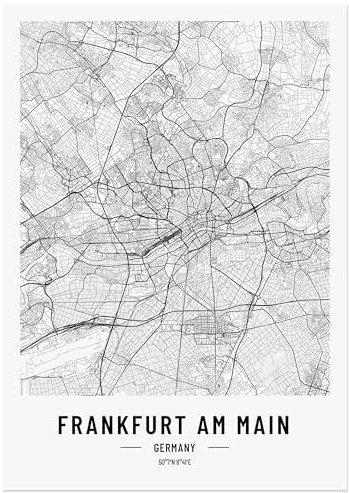 JUNOMI® Frankfurt affisch XL svart vit, DIN A2 vardagsrumsdekoration, modern väggmålning, Frankfurt bild, väggmålning utan ram, stadskarta affisch Frankfurt, perfekt presentidé för Frankfurter