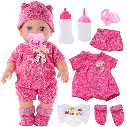 DONTNO 12 Inch Baby Doll with Clothes and Accessories, Reborn Alive Baby Doll Feeding and Caring Set with Baby Bottles Diaper Nipple for Little Girls Pretend Play Set
