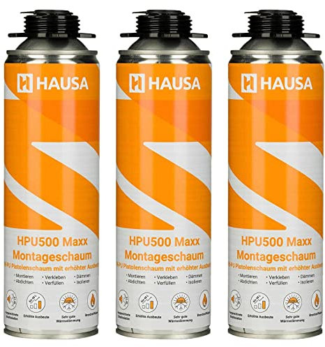 HAUSA HPU500 Maxx Mousse au Pistolet B2 Mousse de Montage Rendement Extrêmement Élevé Jusqu'à 48L Excellentes Propriétés d'Isolation 3x 500 ml Gris