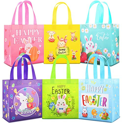 AhfuLife Easter Gift Bags for Kids, 6/12pcs Easter Bunny Egg Bags Non-Woven Reusable Bag with Handles for Kids Egg Hunt Party Supplies (6 PCS)