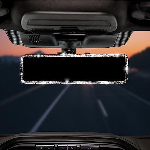 JOYTUTUS Rear View Mirror, Universal 11.81 Inch Panoramic Rearview Accessories with Bling Rhinestones Crystal Diamonds Edge, Interior Clip-on Wide Angle Rear View Mirror -White