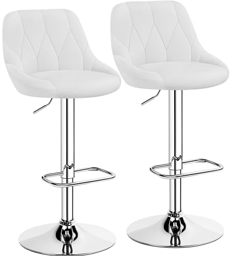 Yaheetech Set 2 Sgabelli Bar Alti Altezza Regolabile Cucina Design Moderni con Schienale Girevole Imbottiti in Finta Pelle Poggiapiedi Metallo Bianchi