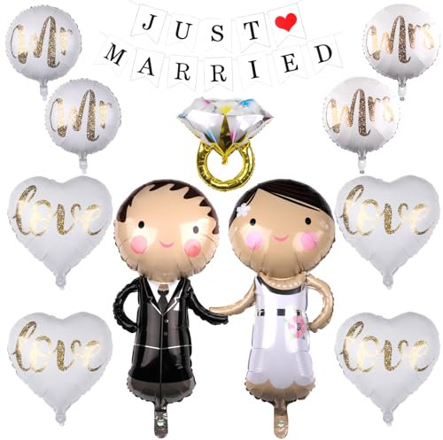 25 Stück Folienballons Hochzeitsdeko - Just Married Banner & Mr & Mrs Brautpaar Figuren - Luftballons für Heiratsantrag & Verlobung