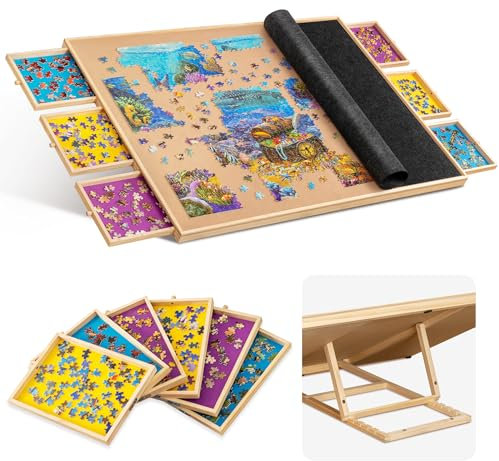 Becko US 2000-Pc Tilting Jigsaw Puzzle Board with 6 Colorful Drawers & Cover, Adjustable Puzzle Board with Built-in Easel/Stand, Portable Tables with Storage for Adults