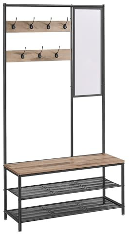 VASAGLE Kleiderständer, Garderobe, Garderobenständer mit Haken, Spiegel, Sitzbank, 35 x 98 x 180 cm, für Eingangsbereich, Schlafzimmer, Wohnzimmer, Industrie-Stil, Kamelbraun-tintenschwarz HSR415K01