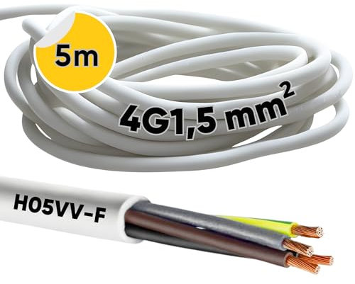 Kalitec H05VV-F - Câble d'alimentation 4 x 1,5 mm² - 5 m - Câble d'alimentation 4G1,5 mm² - Avec conducteur de protection - Câble en PVC pour l'intérieur - Câble électrique blanc - Câble de lampe