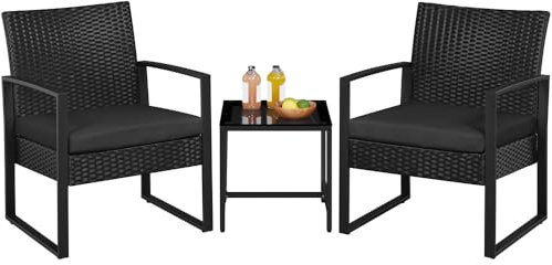 Yaheetech Conjunto de Mesa y Sillas de Jardín para Exterior Juego de Muebles de Jardin 2 Sillas Ratán con Cojines y Mesa Terraza con Tablero Vidrio de Seguridad para Terraza Balcón Negro