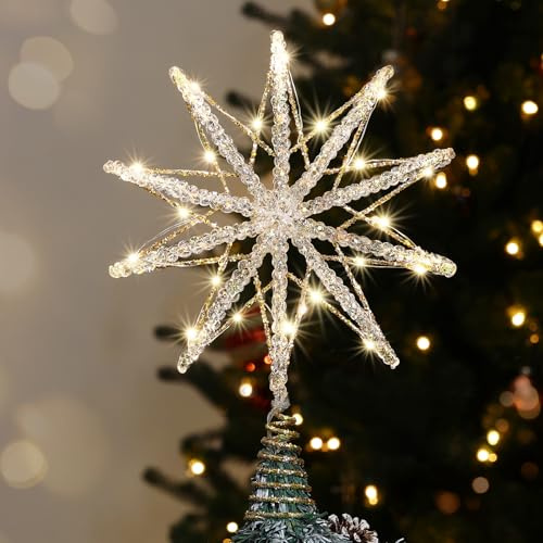 Luxspire Punta per Albero di Natale Stella Luminosa con Telecomando USB, Decorazioni Metallo Trasparente 10, Stelle Natalizie Illuminate, Ornamenti Vintage Moderni per Feste Casa, Champagne