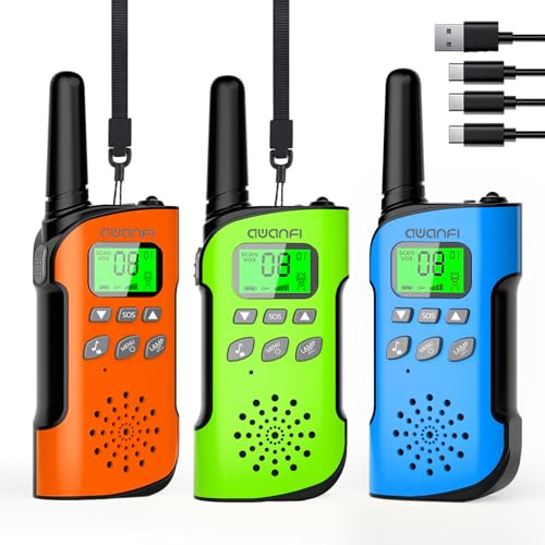 AWANFI Talkie Walkie Enfants Adultes Rechargeable 3 Pièces, Talkie-Walkie Longue Portée, Walkie Talkies USB C à Batterie avec 8 Canaux pour Camping, Randonneé, Vélo, Cadeau Jouet pour Fille et Garçon