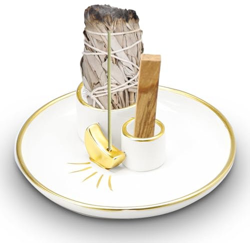 PRITOK 4-in-1-Räuchergefäß-Halter: Gold, Keramik, Salbeihalter, Räucherstäbchen, Palo Santo, Weißer Salbei, Kerzenhalter